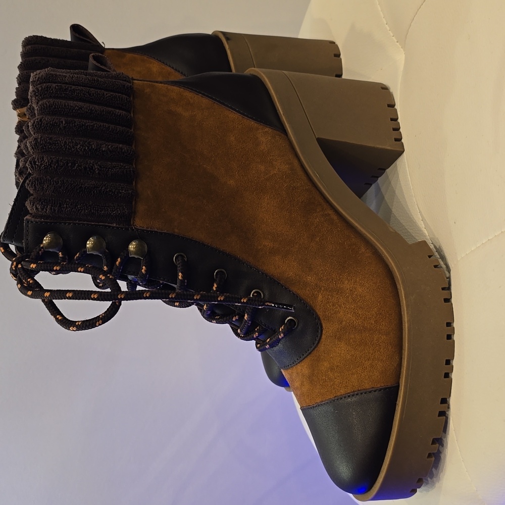 Chelsea & Violet Ziara high heel cognac Brown hiking Lug boots leather Zip Lace - Picture 4 of 8